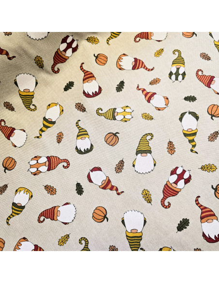 Tissu, Demi-natté Aspect Lin, Gnomes Multicolore, Laize 140 cm, 80% Coton 20% Polyester 205g/m²
