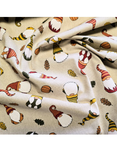 Tissu, Demi-natté Aspect Lin, Gnomes Multicolore, Laize 140 cm, 80% Coton 20% Polyester 205g/m² 2