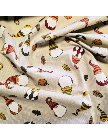 Tissu, Demi-natté Aspect Lin, Gnomes Multicolore, Laize 140 cm, 80% Coton 20% Polyester 205g/m²
