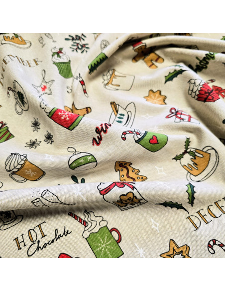 Tissu, Demi-natté Motif Noël, Multicolore, Laize 140 cm, 80% Coton 20% Polyester