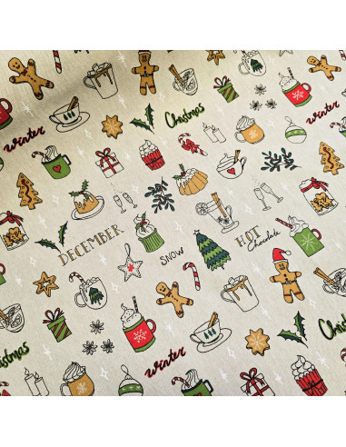 Tissu, Demi-natté Motif Noël, Multicolore, Laize 140 cm, 80% Coton 20% Polyester