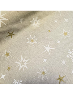 Tissu, Demi-natté Aspect Lin Étoiles, Blanc et Doré, Laize 140 cm, 80% Coton 20% Polyester 205g/m²