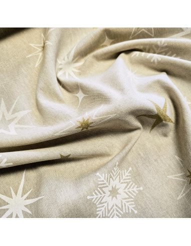 Tissu, Demi-natté Aspect Lin Étoiles, Blanc et Doré, Laize 140 cm, 80% Coton 20% Polyester 205g/m²
