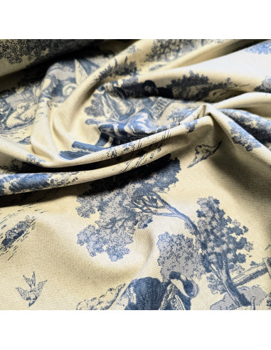 Tissu, Demi-natté Toile de Jouy, Bleu, Laize 140 cm, 80% Coton 20% Polyester