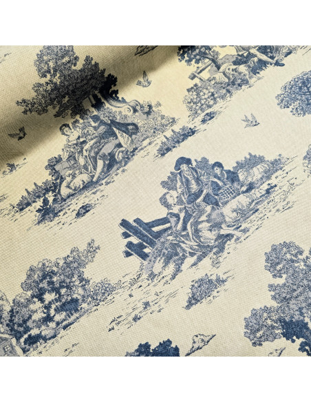 Tissu, Demi-natté Toile de Jouy, Bleu, Laize 140 cm, 80% Coton 20% Polyester
