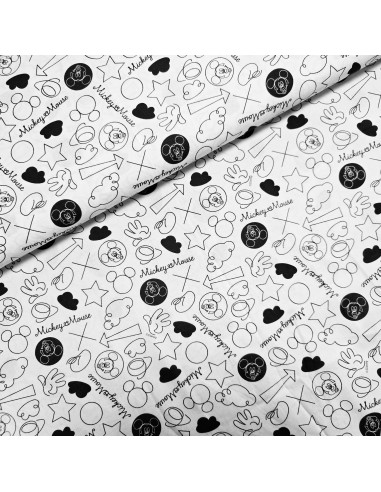 Tissu, Popeline de Coton Imprimée Mickey Mouse, Blanc, Laize 150 cm, 100% Coton 115g/m²