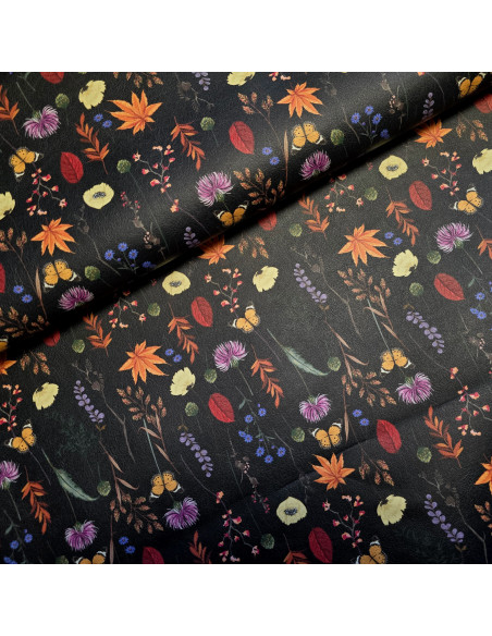 Tissu, Simili Cuir Imprimé Fleurs, Gris Anthracite, Laize 140 cm, 85% PVC 15% Polyester