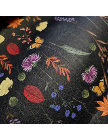 Tissu, Simili Cuir Imprimé Fleurs, Gris Anthracite, Laize 140 cm, 85% PVC 15% Polyester