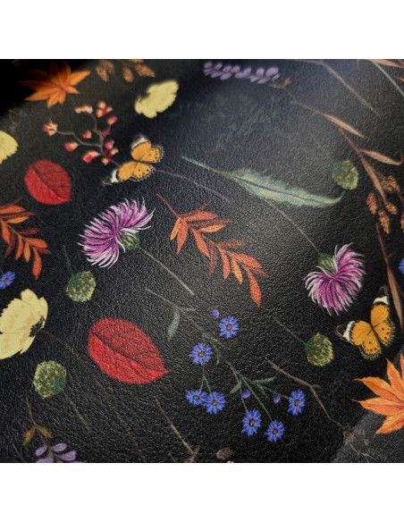 Tissu, Simili Cuir Imprimé Fleurs, Gris Anthracite, Laize 140 cm, 85% PVC 15% Polyester