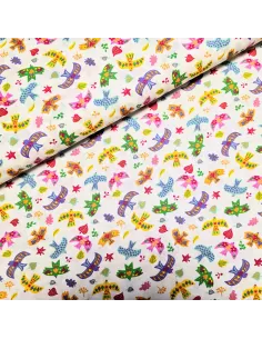 Tissu, Cretonne de Coton, Oiseaux Colorés sur Fond Blanc, Laize 150 cm, 100% Coton 140g/m²