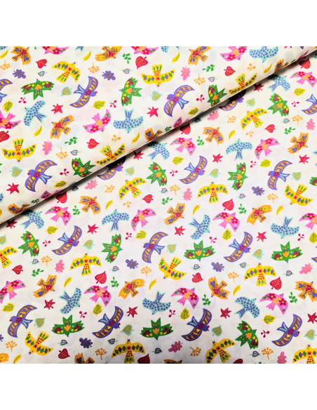 Tissu, Cretonne de Coton, Oiseaux Colorés sur Fond Blanc, Laize 150 cm, 100% Coton 140g/m²