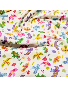 Tissu, Cretonne de Coton, Oiseaux Colorés sur Fond Blanc, Laize 150 cm, 100% Coton 2