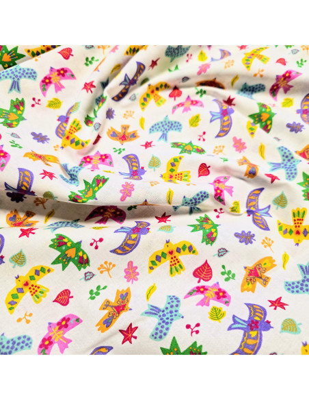 Tissu, Cretonne de Coton, Oiseaux Colorés sur Fond Blanc, Laize 150 cm, 100% Coton