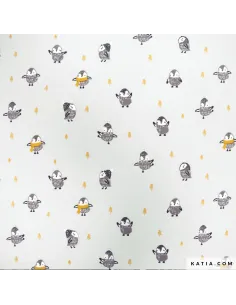 Tissu, French Terry Motif Pingouins, Gris Clair, Laize 150 cm, Coton Stretch Oeko-Tex