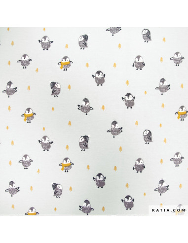 Tissu, French Terry Motif Pingouins, Gris Clair, Laize 150 cm, Coton Stretch Oeko-Tex