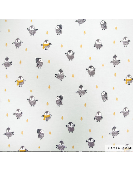 Tissu, French Terry Motif Pingouins, Gris Clair, Laize 150 cm, Coton Stretch Oeko-Tex