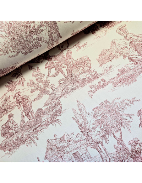 Tissu, Demi-Natté Toile de Jouy, Rouge Carmin, Laize 280 cm, Coton d'Ameublement 220g/m²