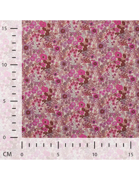 Tissu, Popeline de Coton Fleurie Digitale, Roses, Laize 150 cm, 100% Coton 75g/m²