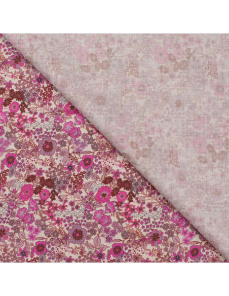 Tissu, Popeline de Coton Fleurie Digitale, Roses, Laize 150 cm, 100% Coton 75g/m²