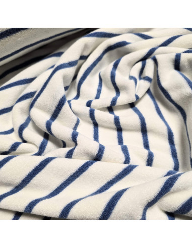 Tissu, Jersey Éponge Rayures, Bleu, Laize 155 cm, Coton Polyester Doux