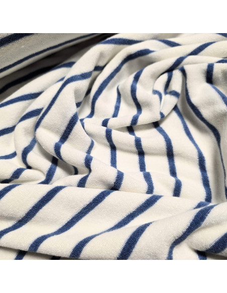 Tissu, Jersey Éponge Rayures, Bleu, Laize 155 cm, Coton Polyester Doux