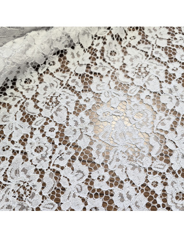 Tissu, Dentelle Fleurie, Blanc Pur, Laize 146 cm, 100% Polyester