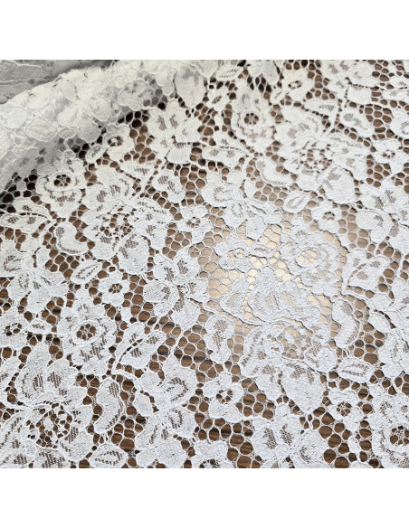 Tissu, Dentelle Fleurie, Blanc Pur, Laize 146 cm, 100% Polyester