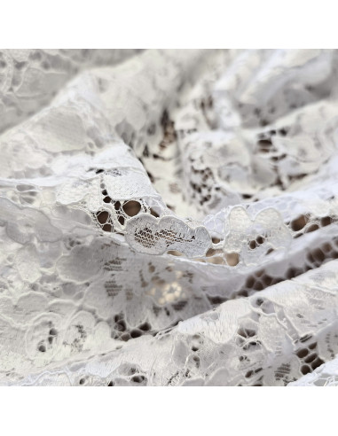 Tissu, Dentelle Fleurie, Blanc Pur, Laize 146 cm, 100% Polyester