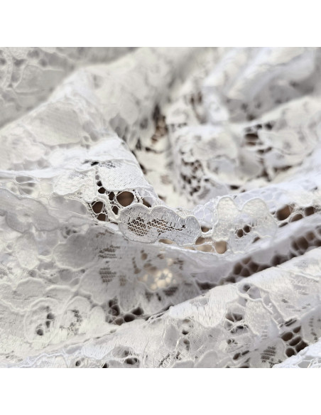 Tissu, Dentelle Fleurie, Blanc Pur, Laize 146 cm, 100% Polyester