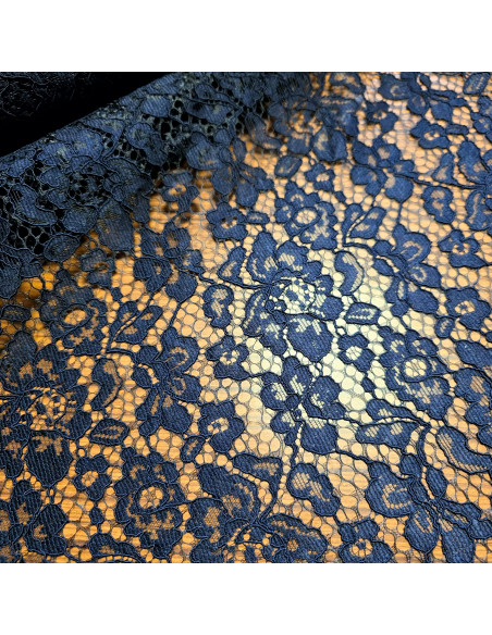 Tissu, Dentelle Fleurie, Bleu Marine, Laize 146 cm, 100% Polyester