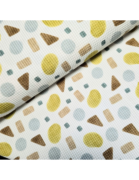 Tissu, Nid d'Abeille Imprimé Formes, Motifs Géométriques Multicolores, Laize 140 cm, 100% Coton 200g/m²