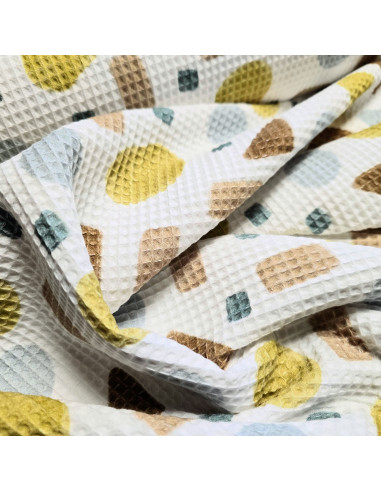 Tissu, Nid d'Abeille Imprimé Formes, Motifs Géométriques Multicolores, Laize 140 cm, 100% Coton 200g/m²