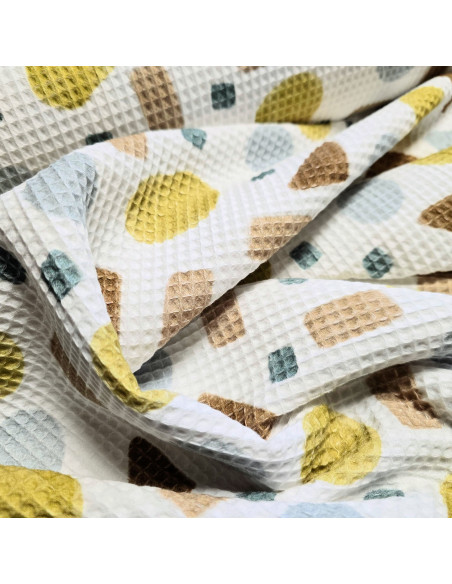 Tissu, Nid d'Abeille Imprimé Formes, Motifs Géométriques Multicolores, Laize 140 cm, 100% Coton 200g/m²