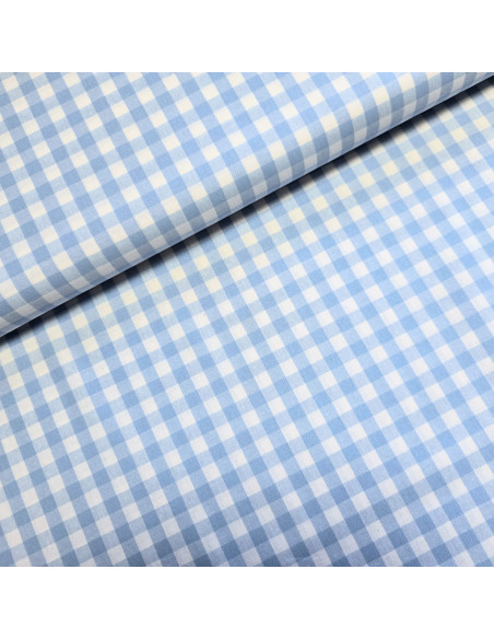 Tissu, Vichy Carreaux Moyens, Bleu Clair et Blanc, Laize 144 cm, 100% Coton 110g/m²