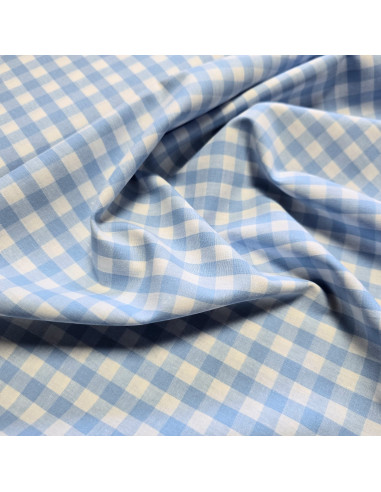 Tissu, Vichy Carreaux Moyens, Bleu Clair et Blanc, Laize 144 cm, 100% Coton 110g/m²