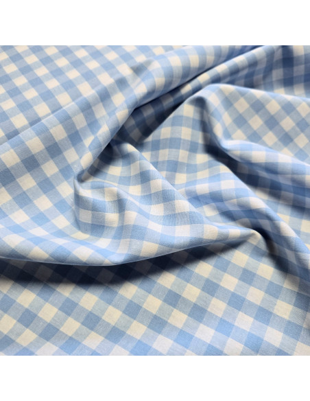 Tissu, Vichy Carreaux Moyens, Bleu Clair et Blanc, Laize 144 cm, 100% Coton 110g/m²