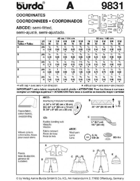 Patron Burda 9831 - Ensemble Bébé de 1 à 12 mois