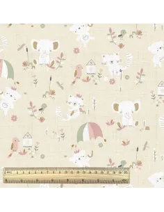 Tissu, Cretonne de Coton Petits Animaux Nubio, Crème, Laize 150 cm, 100% Coton