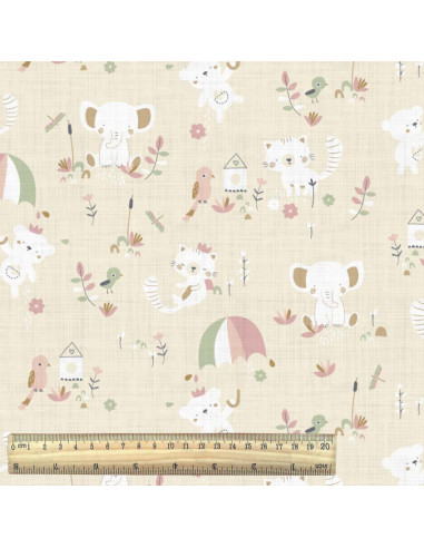 Tissu, Cretonne de Coton Petits Animaux Nubio, Crème, Laize 150 cm, 100% Coton