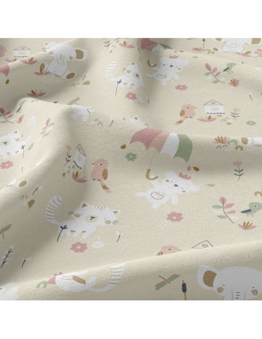 Cretonne de coton, petits animaux nubio crème