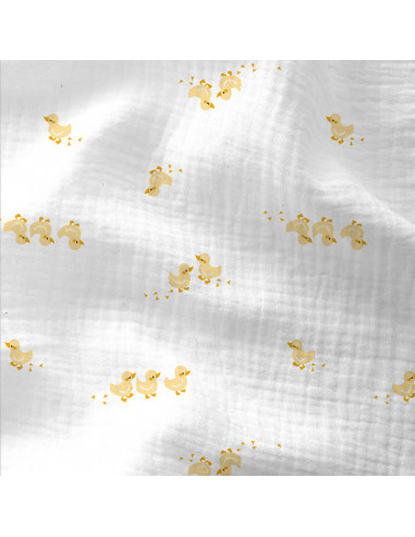 Tissu, Double Gaze Imprimée Cannetons, Blanc, Laize 130 cm, 100% Coton Oeko-Tex 130g/m²