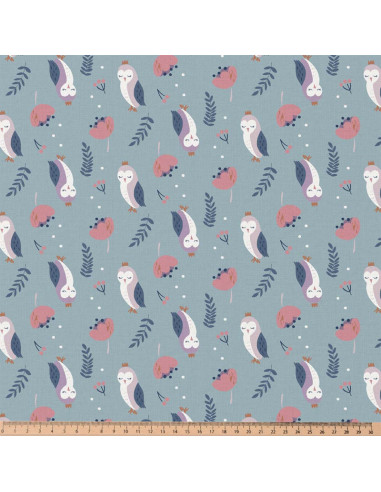 Tissu, Cretonne de Coton Chouettes Fantaisie, Mauve et Bleu Canard, Laize 150 cm, 100% Coton 115g/m²