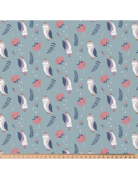 Tissu, Cretonne de Coton Chouettes Fantaisie, Mauve et Bleu Canard, Laize 150 cm, 100% Coton 115g/m²