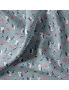Tissu, Cretonne de Coton Chouettes Fantaisie, Mauve et Bleu Canard, Laize 150 cm, 100% Coton 115g/m² 2