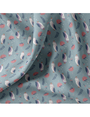 Tissu, Cretonne de Coton Chouettes Fantaisie, Mauve et Bleu Canard, Laize 150 cm, 100% Coton 115g/m²