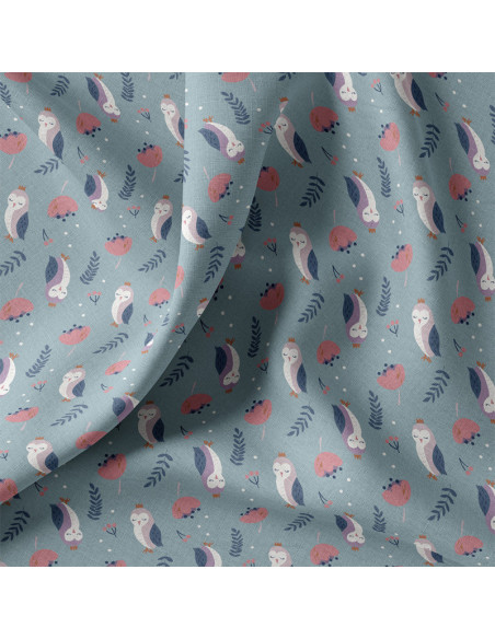 Tissu, Cretonne de Coton Chouettes Fantaisie, Mauve et Bleu Canard, Laize 150 cm, 100% Coton 115g/m²