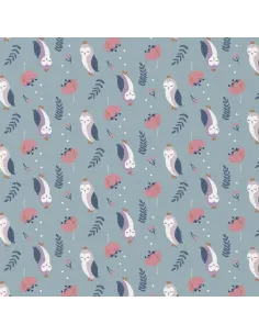 Tissu, Cretonne de Coton Chouettes Fantaisie, Mauve et Bleu Canard, Laize 150 cm, 100% Coton 115g/m²