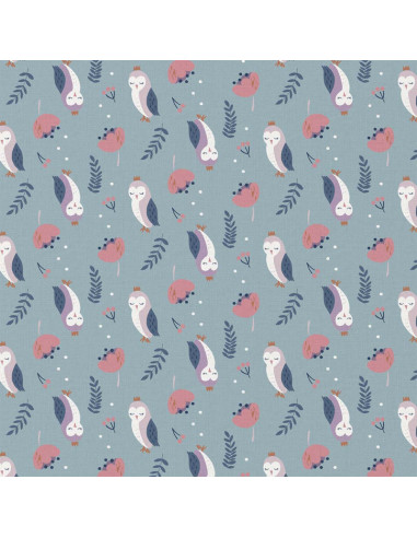Tissu, Cretonne de Coton Chouettes Fantaisie, Mauve et Bleu Canard, Laize 150 cm, 100% Coton 115g/m²