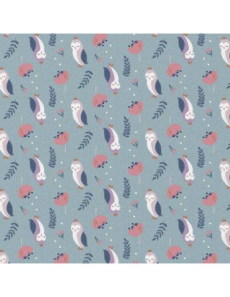 Tissu, Cretonne de Coton Chouettes Fantaisie, Mauve et Bleu Canard, Laize 150 cm, 100% Coton 115g/m²