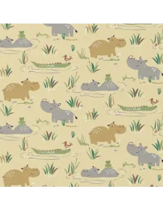 Tissu, Cretonne de Coton, Hippopotames Jaunes, Laize 150 cm, 100% Coton